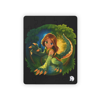 Jigsaw puzzle with a fantasy design of a girl turning into a lizard, on a tree background.