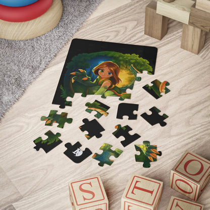 Children's puzzle with cartoon character and lizard pieces on a wooden floor.
