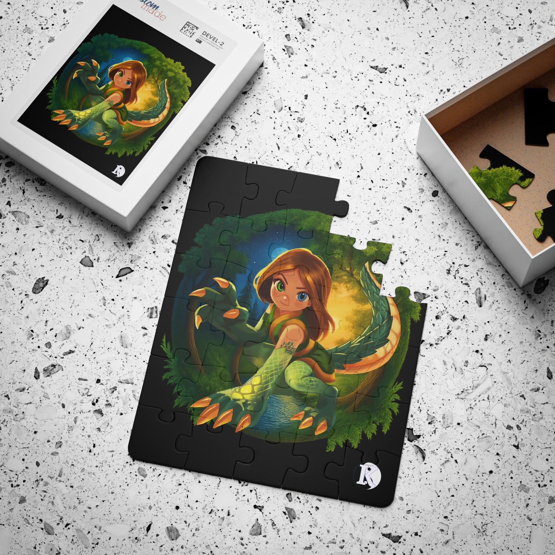 Jigsaw puzzle with a lizard  and Karmic design on a textured surface